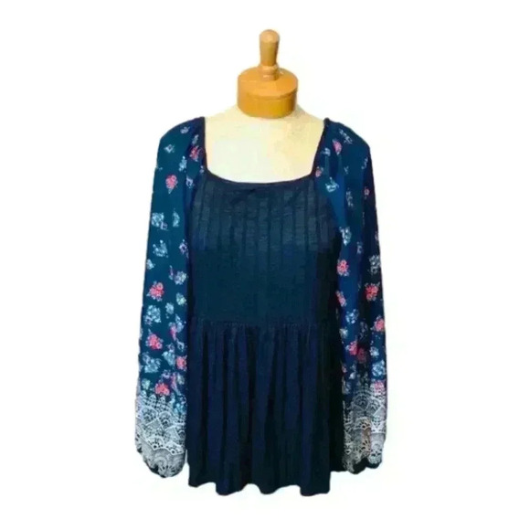 Haptics Boutique Navy Baby Doll Floral Raglan Sleeves and Square Neck size Small - Picture 2 of 11
